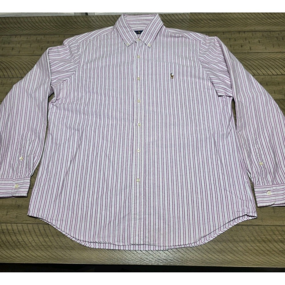 Polo Ralph Lauren Men XL Custom Fit Shirt Purple Multi-Color Stripe Pony Logo
